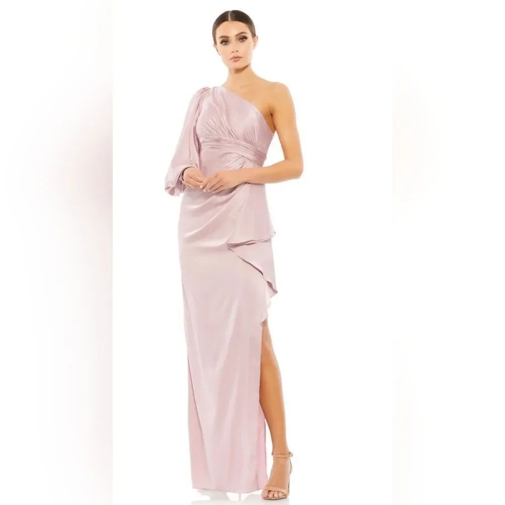Mac Duggal ONE SHOULDER BISHOP SLEEVE GOWN New Size 8 mocha  (55398)
